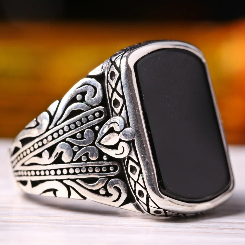 Fresh Silver Black Onyx Stone Mens Ring Main image