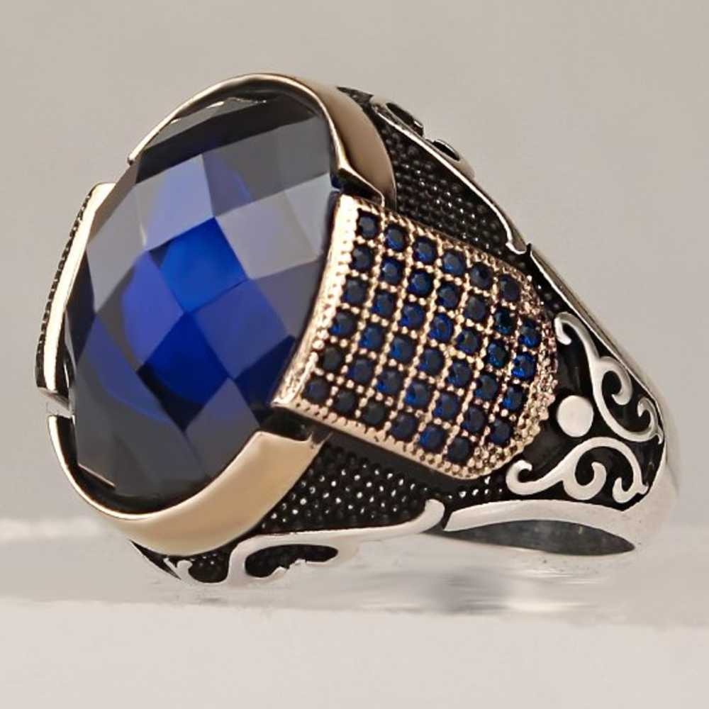 Gorgeous Blue Facet Sapphire Stone Silver Mens Ring Main image