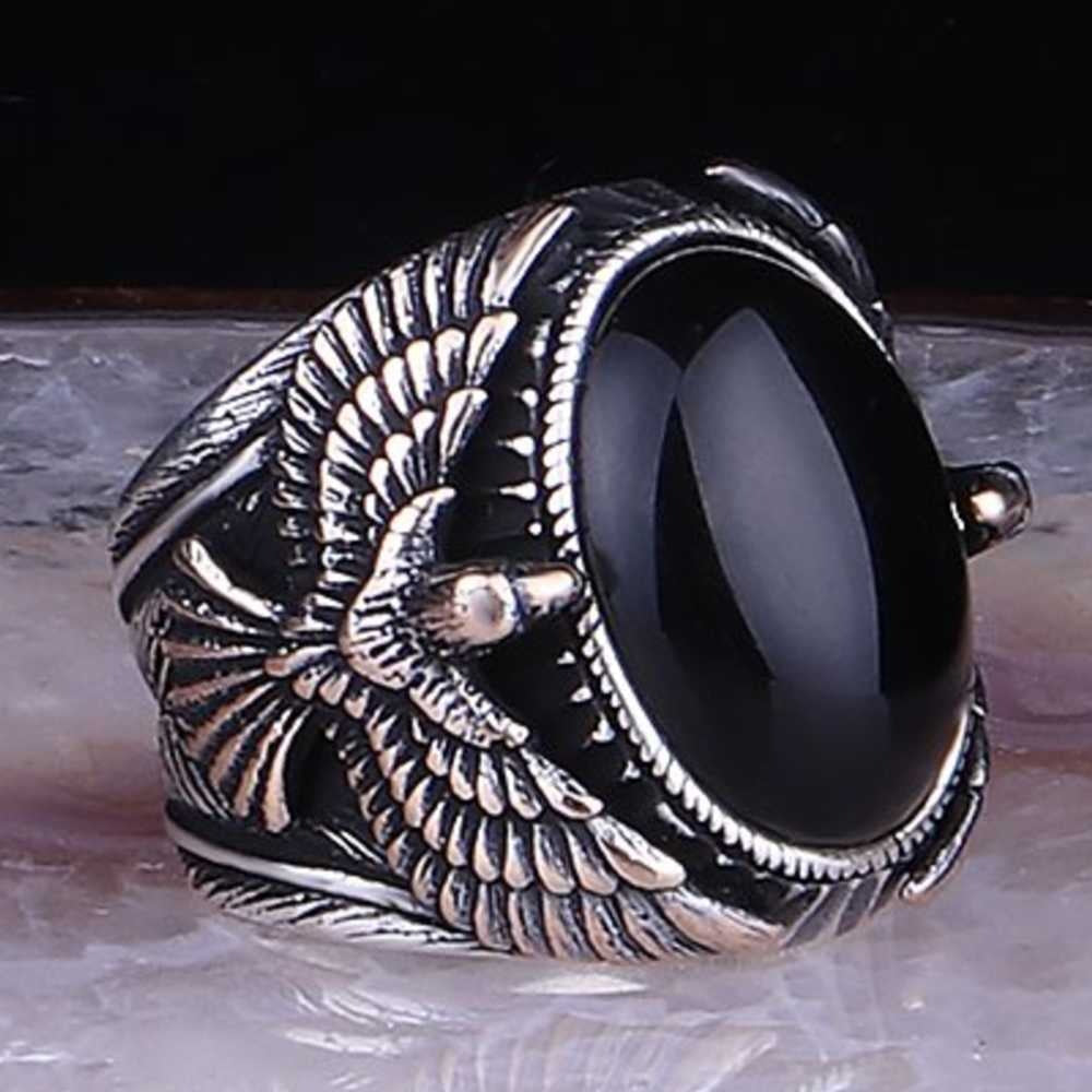 Great Eagle Style Natural Onyx Stone Silver Mens Ring Main image