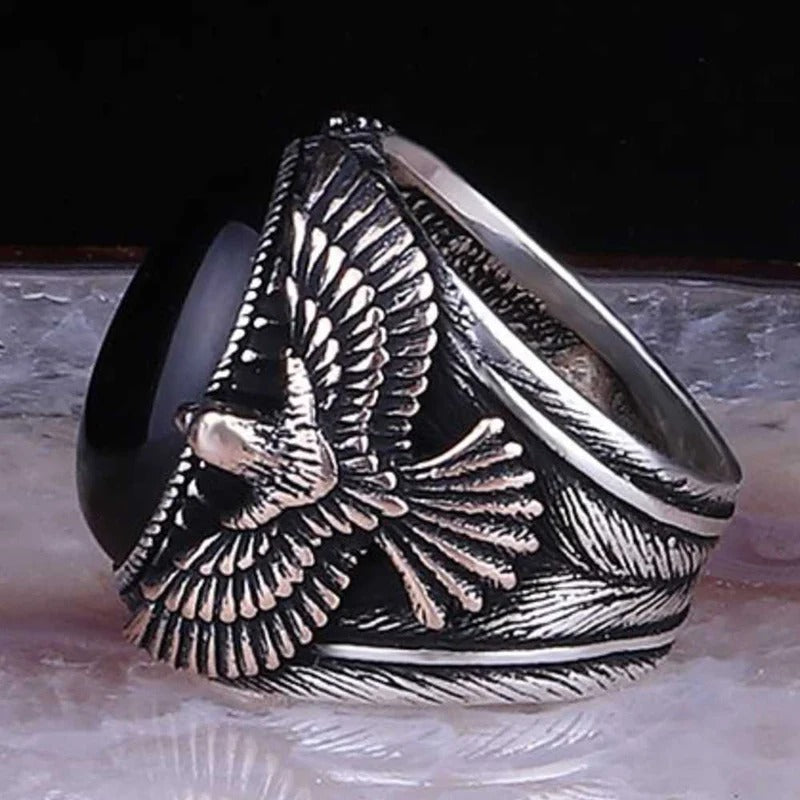 Great Eagle Style Natural Onyx Stone Silver Mens Ring Secondary image