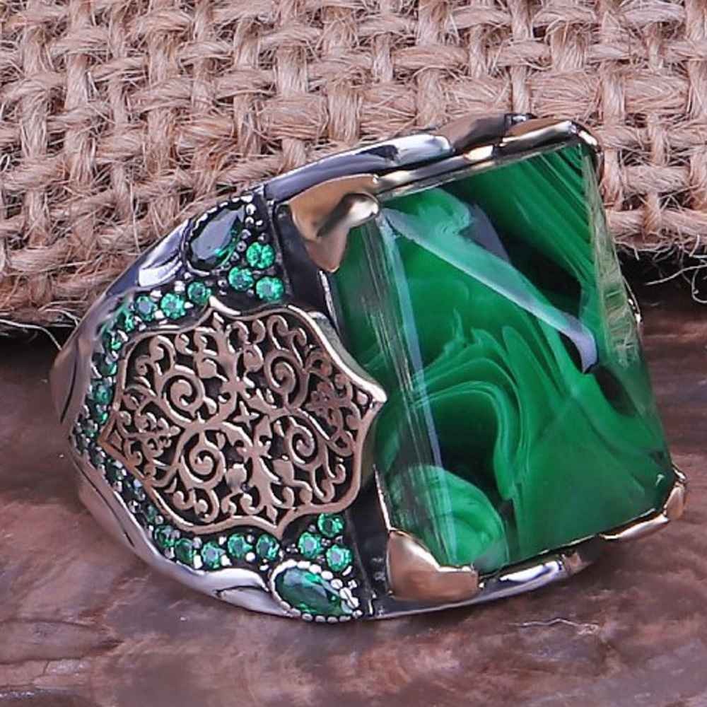 Green Silver Amber Stone Ring for Men Main image