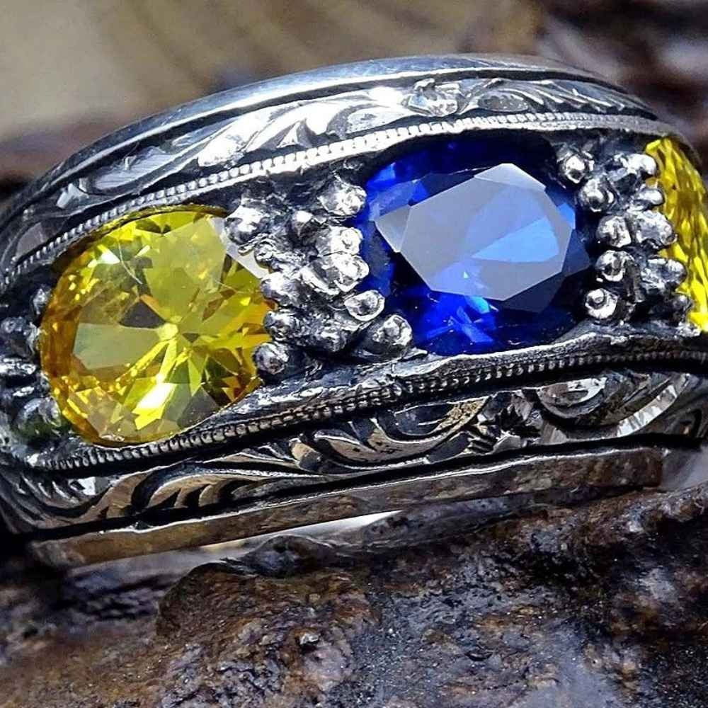 Hand Engraved Silver Citrine and Sapphire Stone Mens Ring Main image