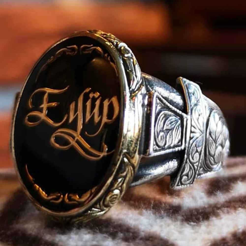 Hand Engraved Customizable Name Silver Mens Ring Main image