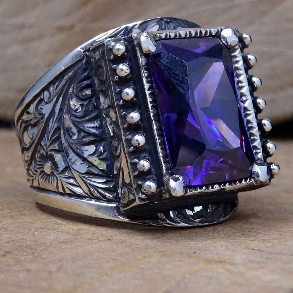 Hand Engraved Luxury Silver Amethyst Mens Ring Main image