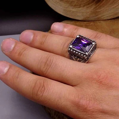 Hand Engraved Luxury Silver Amethyst Mens Ring Secondary image