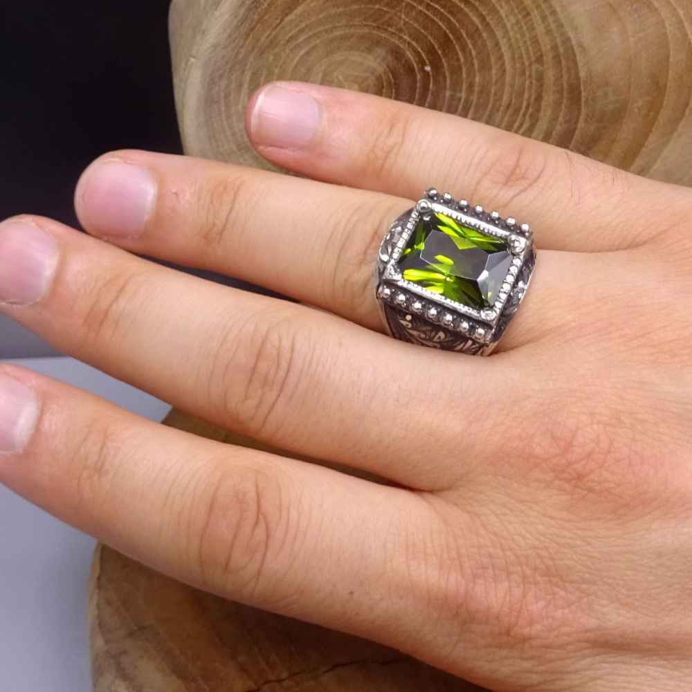 Hand Engraved Luxury Silver Peridot Mens Ring Secondary image