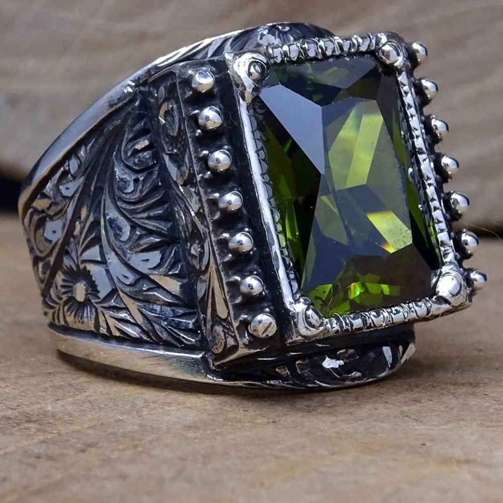 Hand Engraved Luxury Silver Peridot Mens Ring Main image