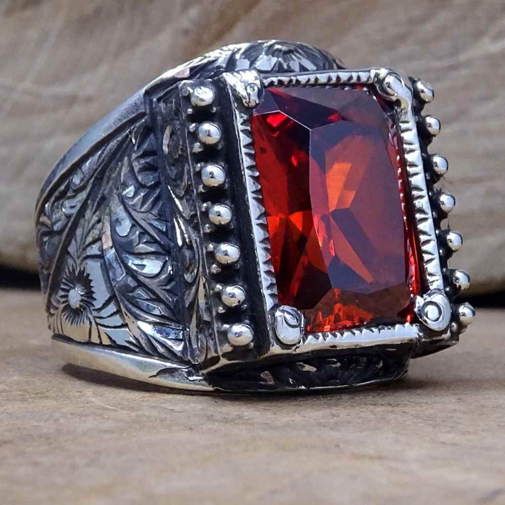 Hand Engraved Luxury Silver Ruby Mens Ring Main image