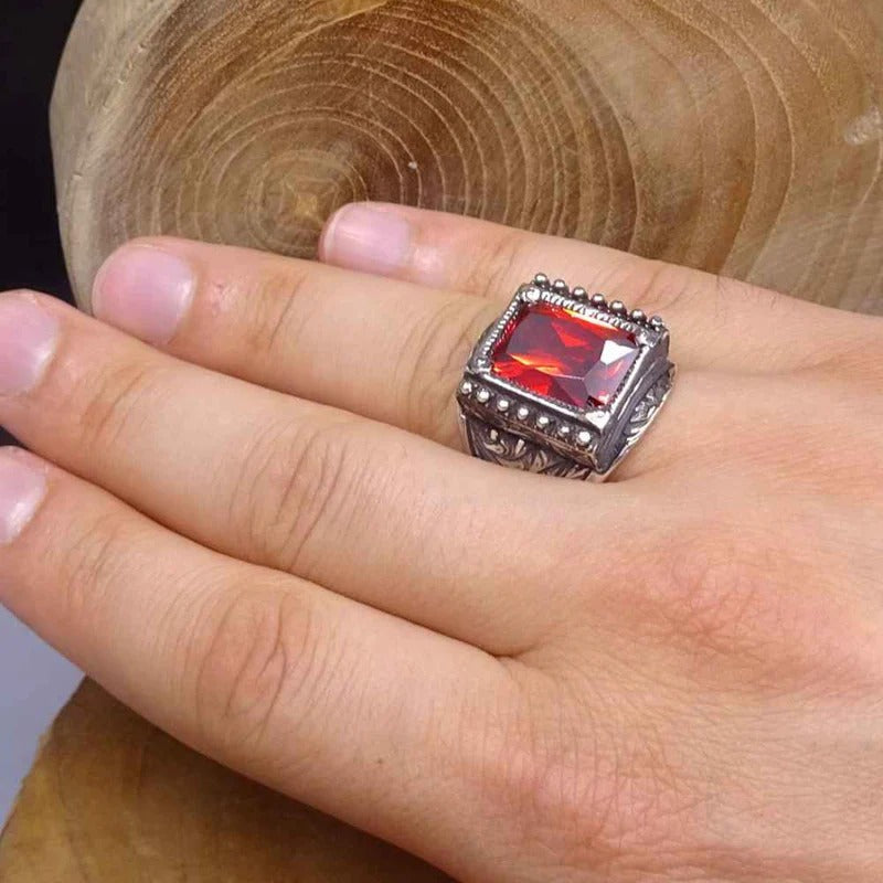 Hand Engraved Luxury Silver Ruby Mens Ring Secondary image