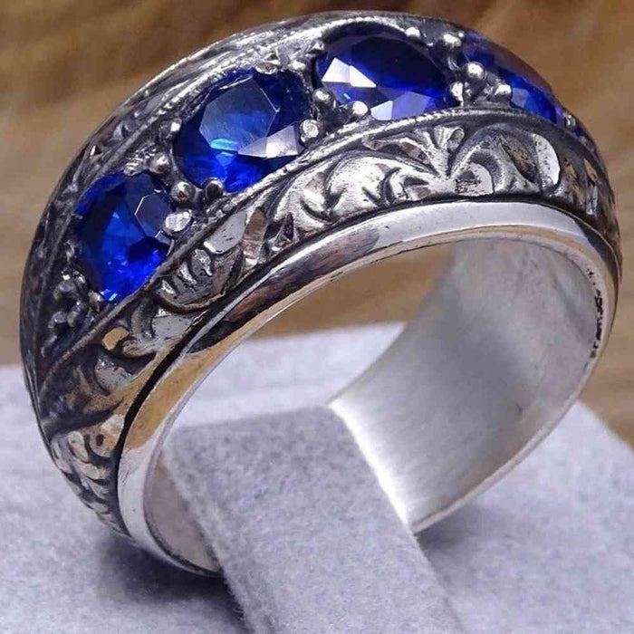 Hand Engraved Luxury Sapphire SilverElegant Mens Ring Main image