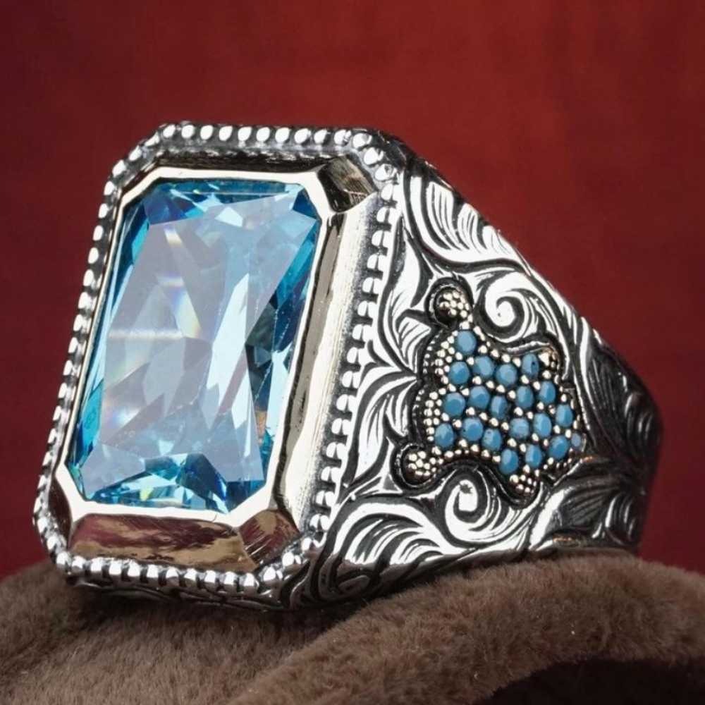 Hand Engraved Natural Aquamarine Silver Mens Ring Main image