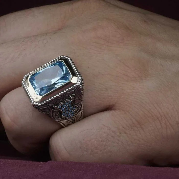 Hand Engraved Natural Aquamarine Silver Mens Ring Secondary image