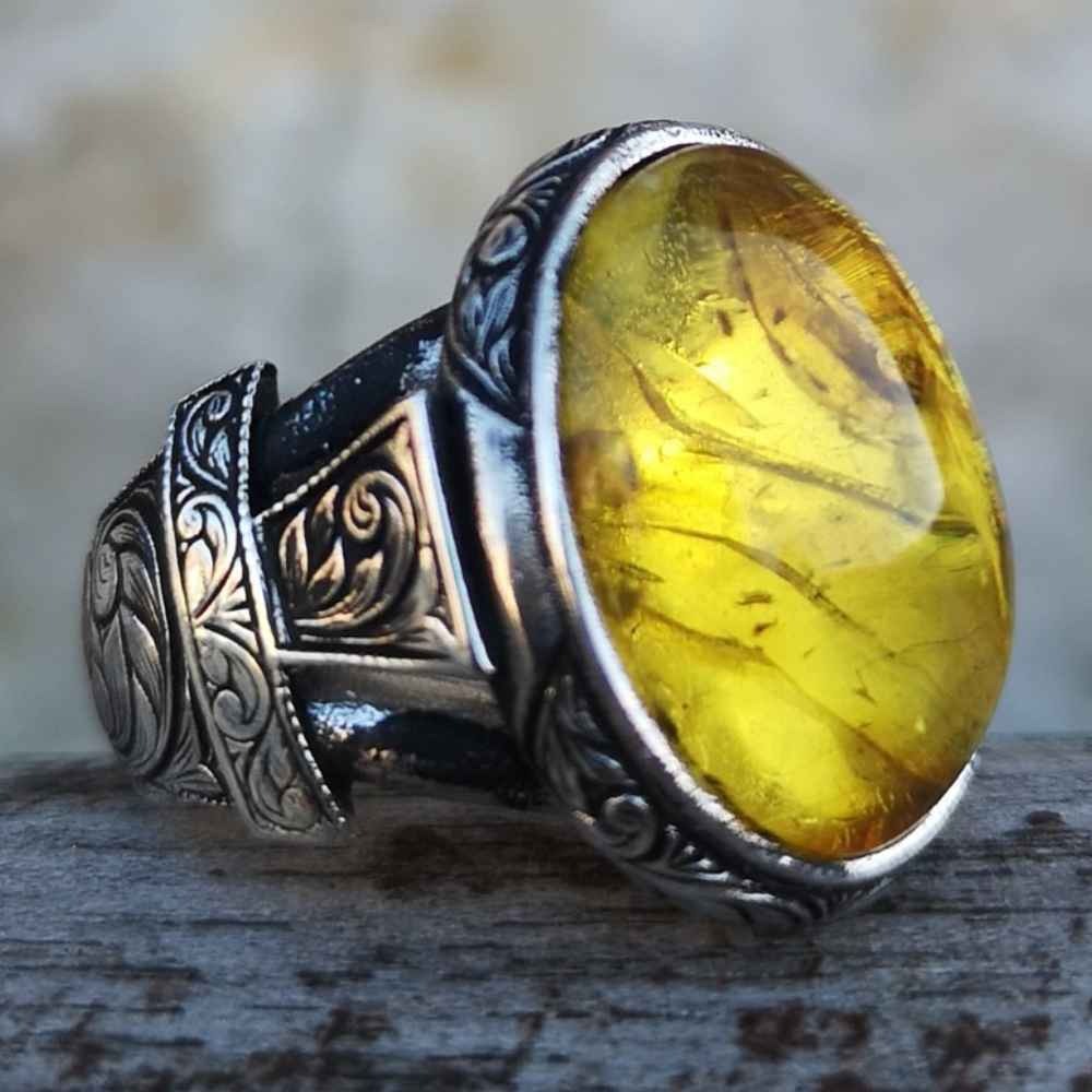 Hand Engraved Natural Drop Amber Silver Luxury Mens Ring Main image