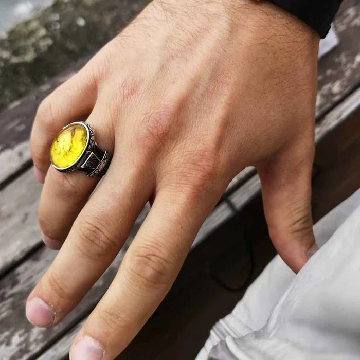 Hand Engraved Natural Drop Amber Silver Luxury Mens Ring Secondary image