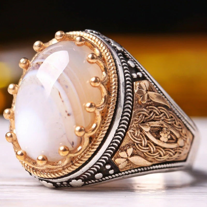 Handmade SilverNatural Yemeni Agate Aqeeq Mens Ring Main image