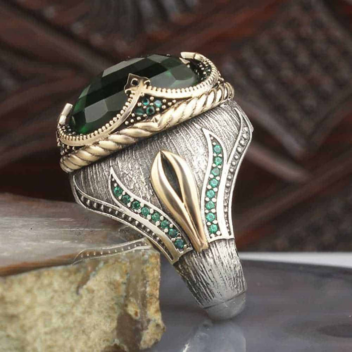 Handmade Silver Drop Emerald Stone Mens Ring Secondary image