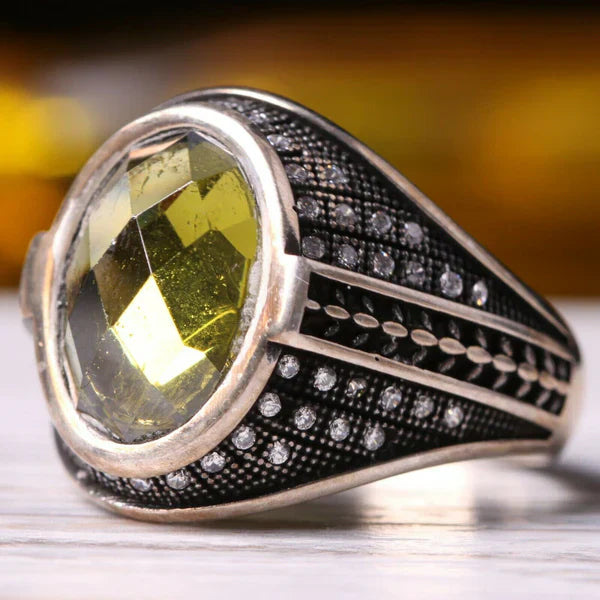 Handmade Silver Faceted Peridot CZ Stone Mens Ring Secondary image