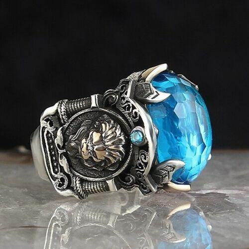 Handmade Silver Lion Aquamarine Stone Mens Ring Secondary image