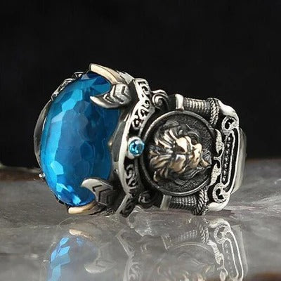 Handmade Silver Lion Aquamarine Stone Mens Ring Main image