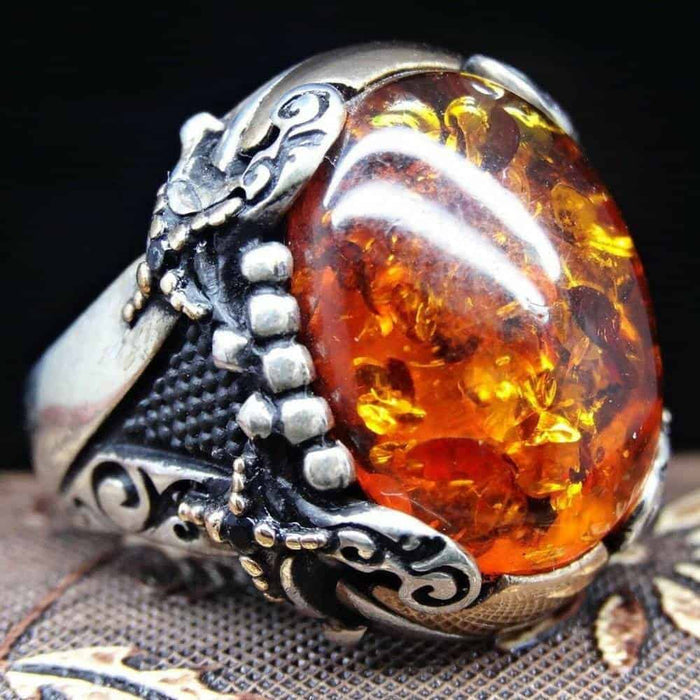 Handmade Silver Natural Hard Amber Mens Ring Main image