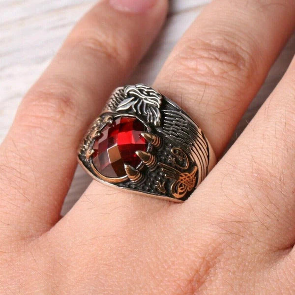 Handmade Silver Ottaman Eagle Ruby Stone Mens Ring