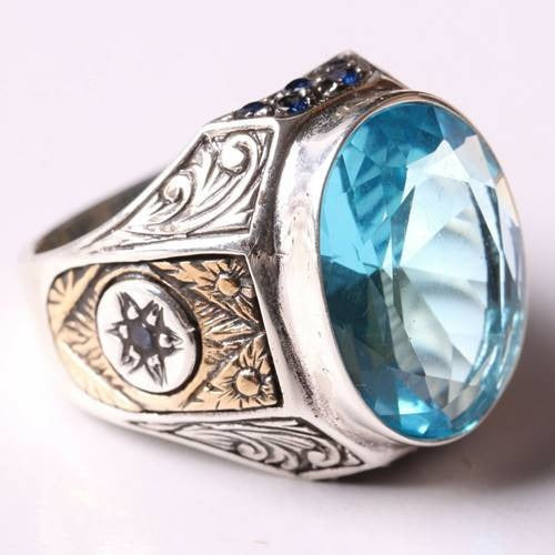 Handmade Silver with Aquamarine Stone Mens Ring Main image