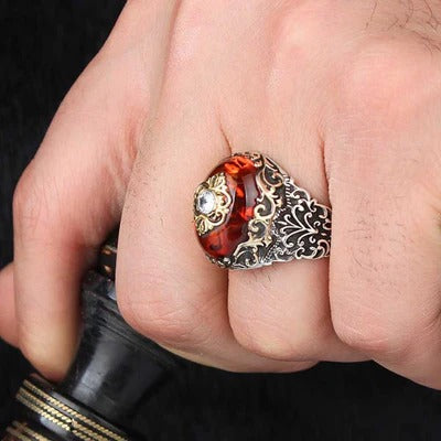 Handmade Amber and Zircon Stone Silver Mens Ring Secondary image