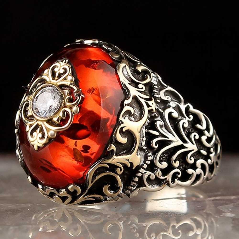 Handmade Amber and Zircon Stone Silver Mens Ring Main image