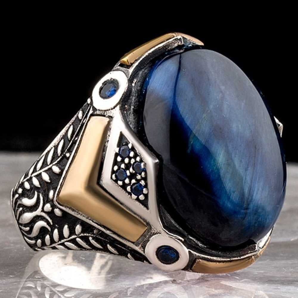 Handmade Blue Tigers Eye Elegant Design Silver Mens Ring Main image