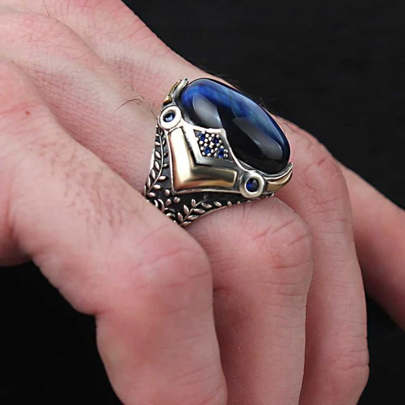 Handmade Blue Tigers Eye Elegant Design Silver Mens Ring Secondary image