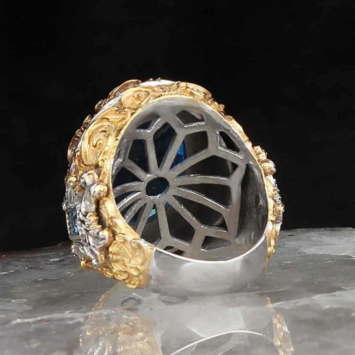 Handmade Engraved Silver Aquamarine Stone Mens Ring Secondary image