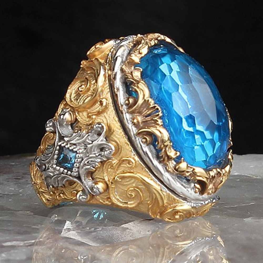 Handmade Engraved Silver Aquamarine Stone Mens Ring Main image