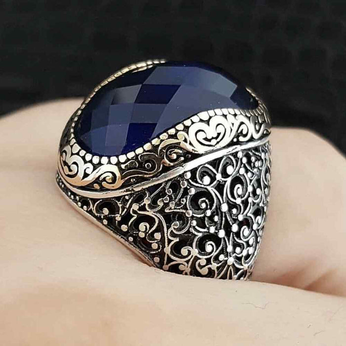 Handmade Facet Sapphire Stone Silver Polite Mens Ring Secondary image