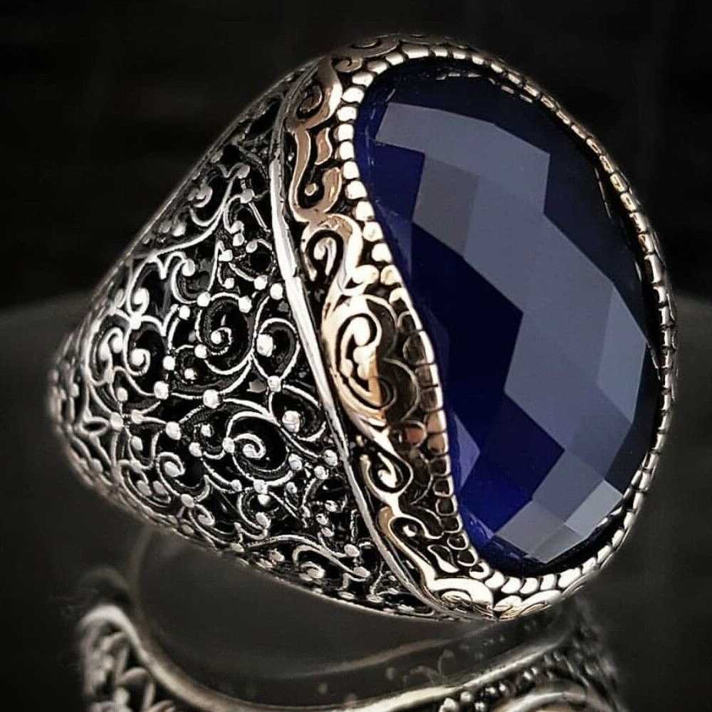 Handmade Facet Sapphire Stone Silver Polite Mens Ring Main image