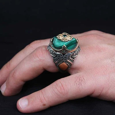 Hexagonal Green Amber Stone Silver Mens Ring Secondary image