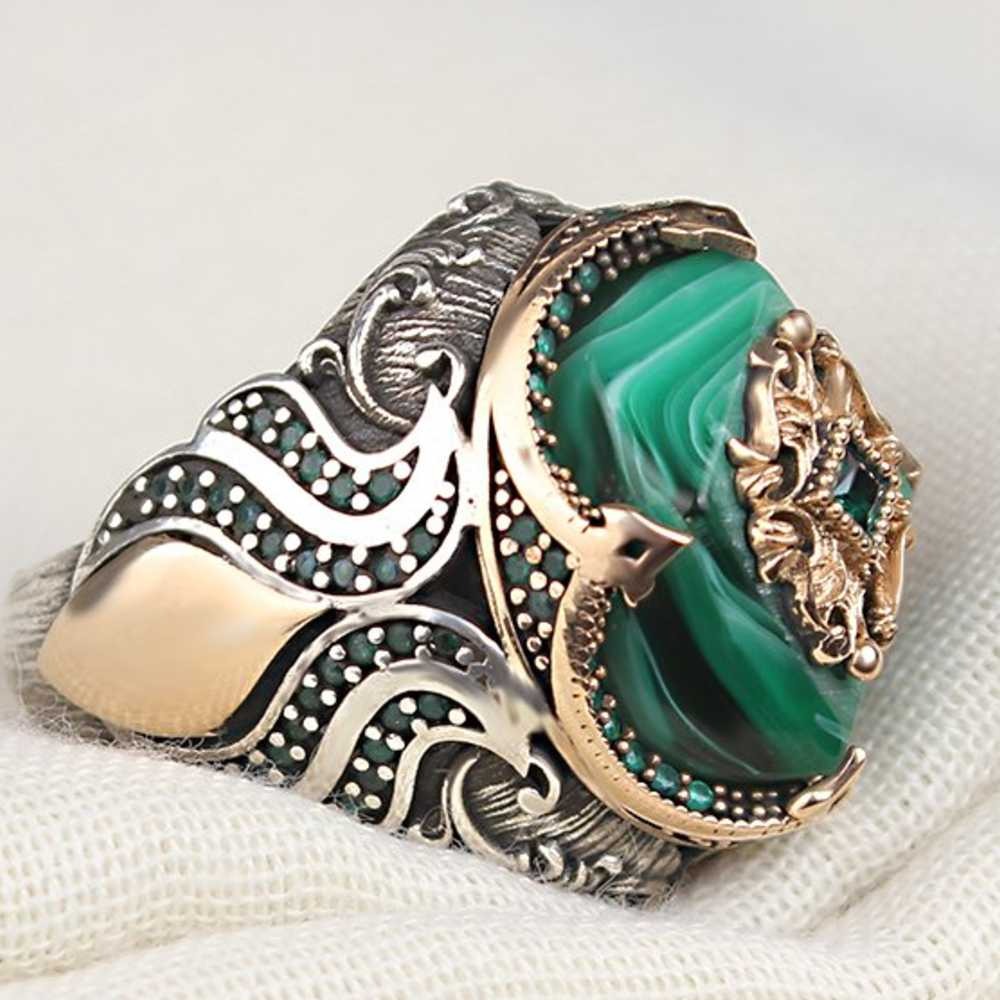 Hexagonal Green Amber Stone Silver Mens Ring Main image