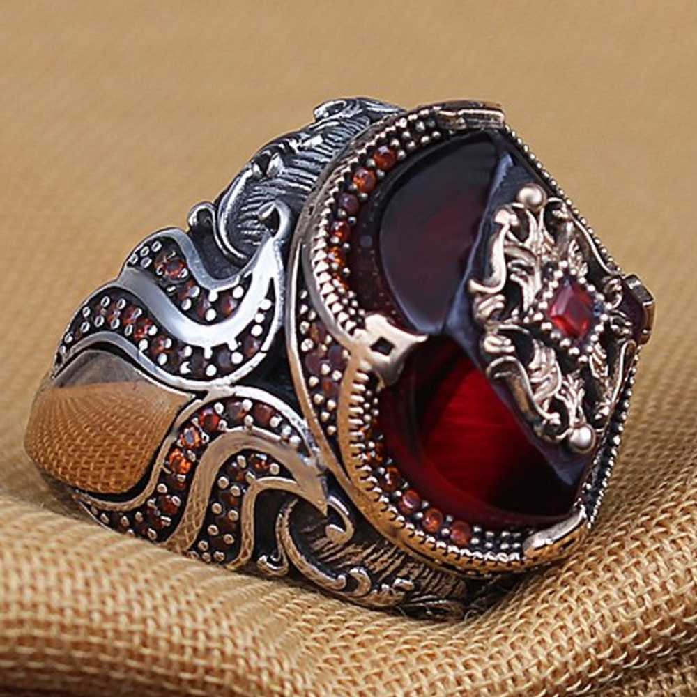 Hexagonal Ruby Stone Silver Mens Ring Main image