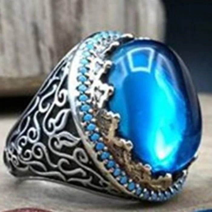 Hq Excellent Cut Silver Aquamarine Stone Mens Ring Main image