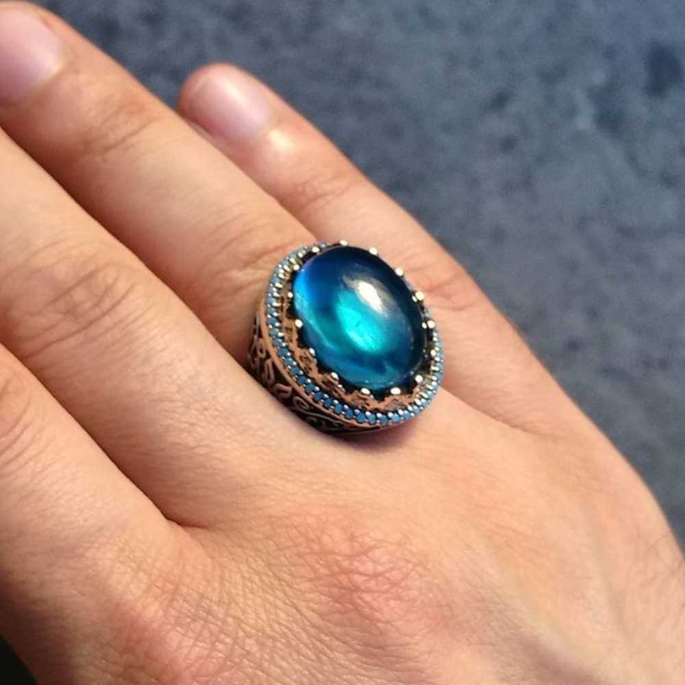Hq Excellent Cut Silver Aquamarine Stone Mens Ring Secondary image