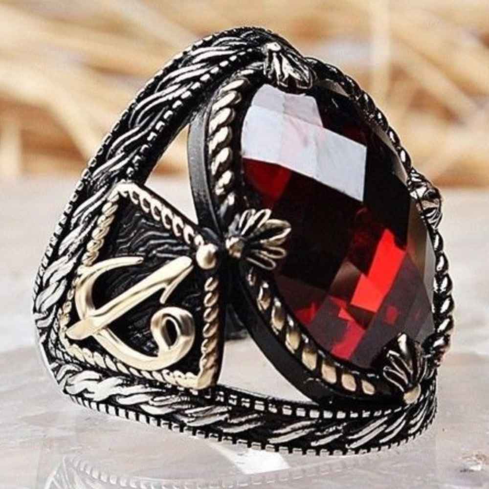 Islamic Elif Vav Silver Ruby Stone Mens Ring Main image