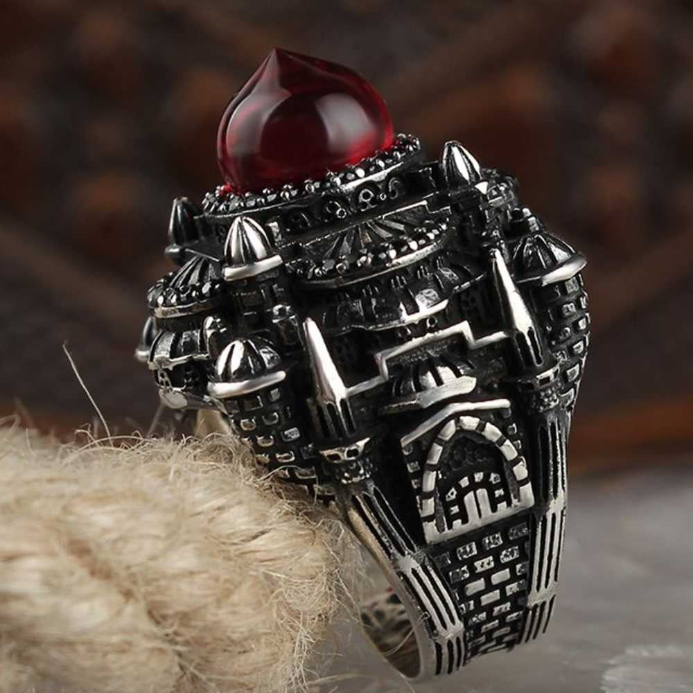 Islamic Mosque Design Ruby Silver Mens Ring Main image