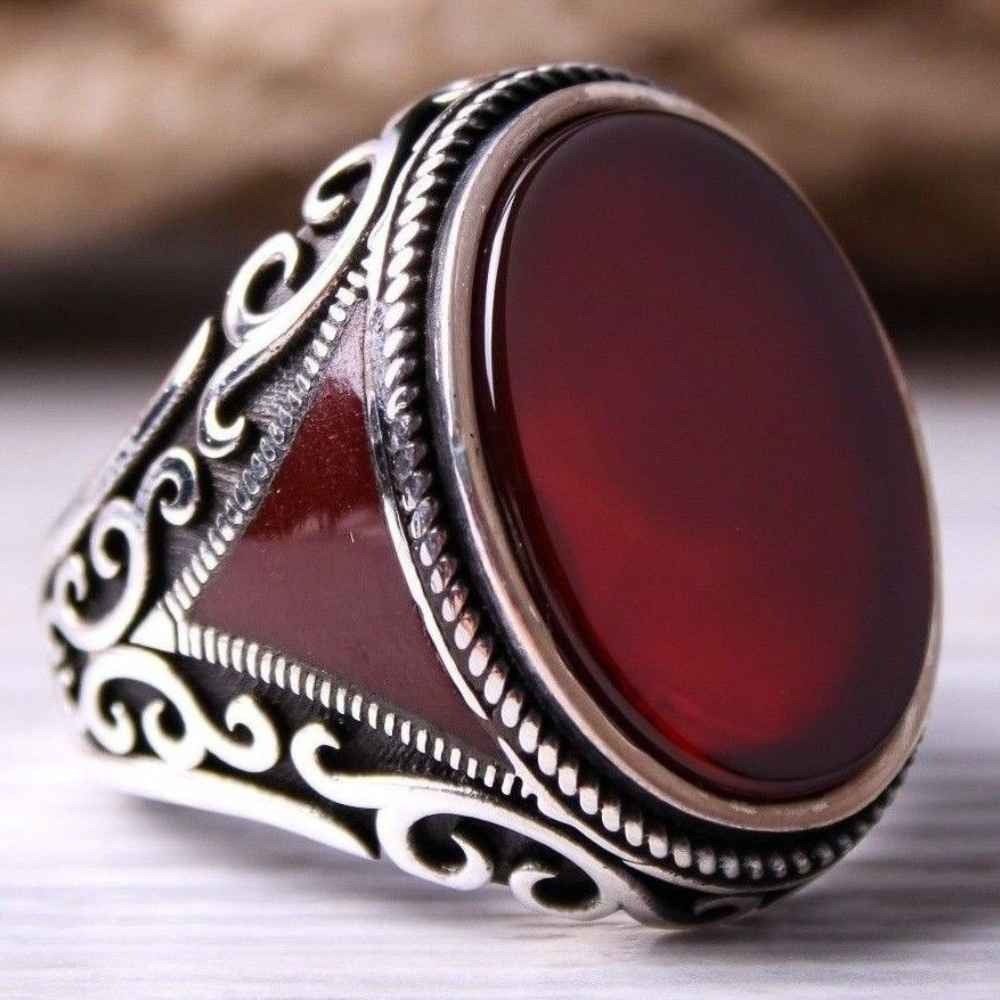Jewelry Silver Red Agate Aqeeq Mens Ring Main image