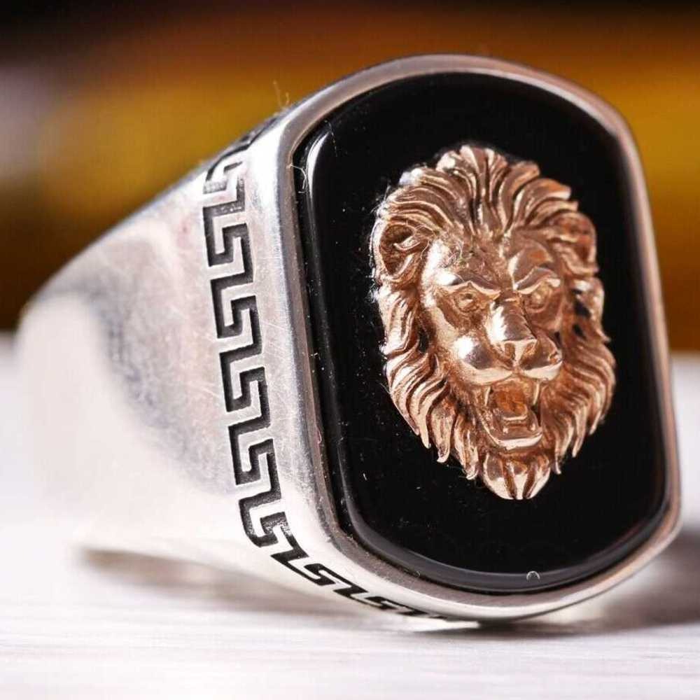 Lion Head Black Onyx Stone Silver Handmade Mens Ring Main image