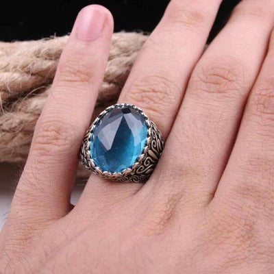 Luxury Cut Aquamarine Silver Mens Ring