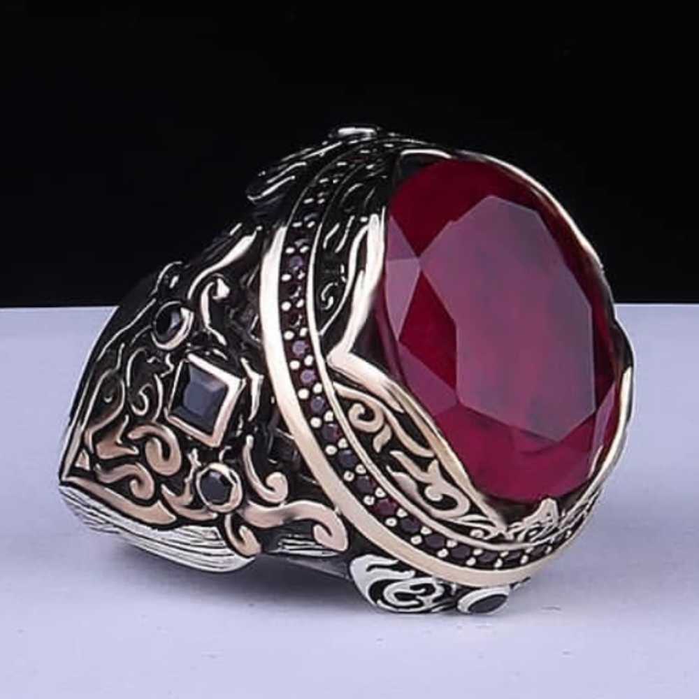 Luxury Cut Ruby and Onyx Multi Stone Silver Ring for Men Main image