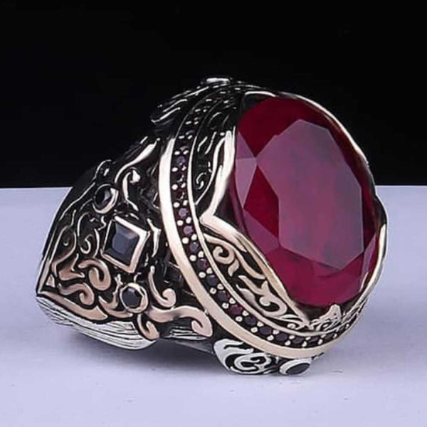 Luxury Cut Ruby and Onyx Multi Stone Silver Ring for Men