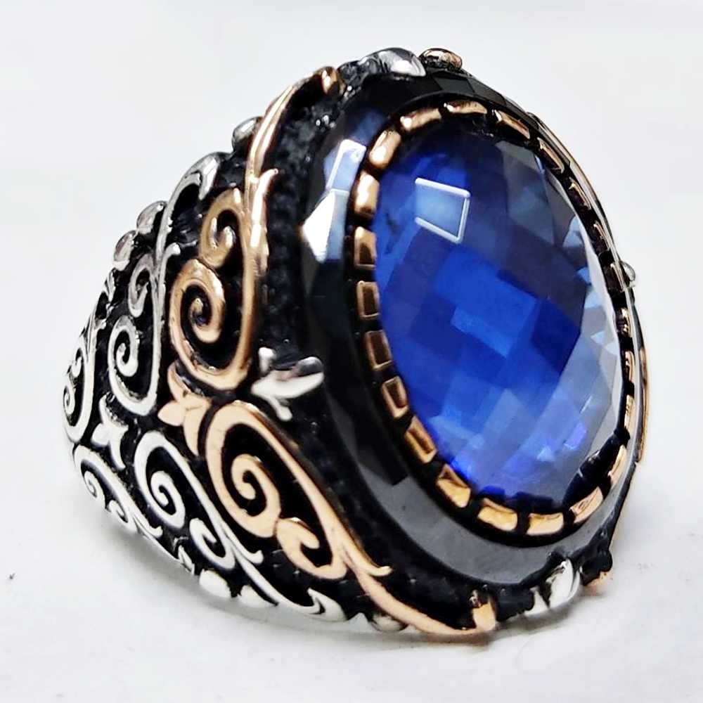 Luxury Plain Silver Mens Ring with Sapphire Stone Main image