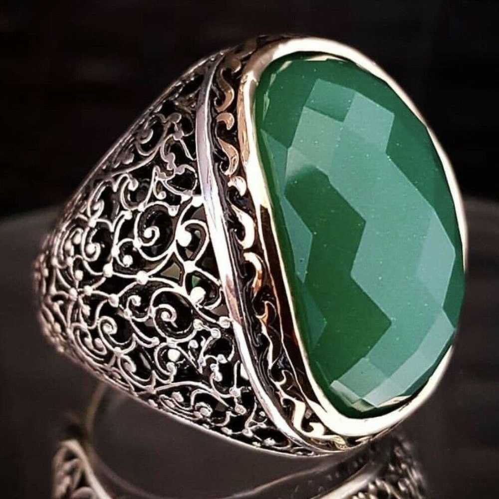 Mens Gorgeous Emerald Stone Silver Ring Main image