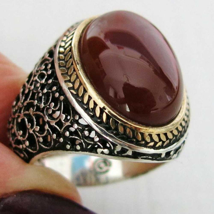 Mens Red Agate Stone Silver Mens Ring Main image