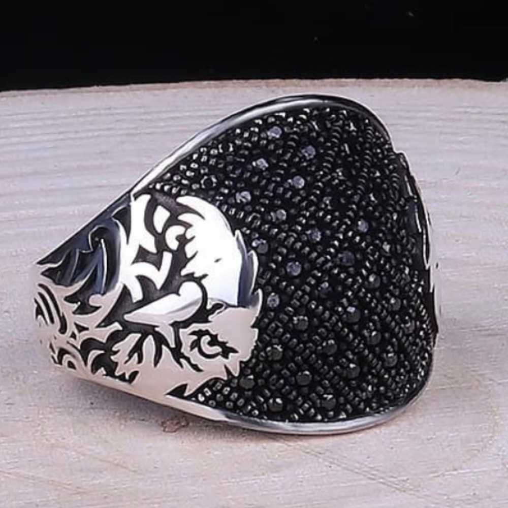 Micro Black Onyx Stone Eagle Style Silver Mens Ring Main image